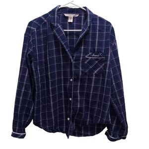 Victoria's Secret Pajama Shirt Women S Blue Plaid Pocket Collared Long Sleeve